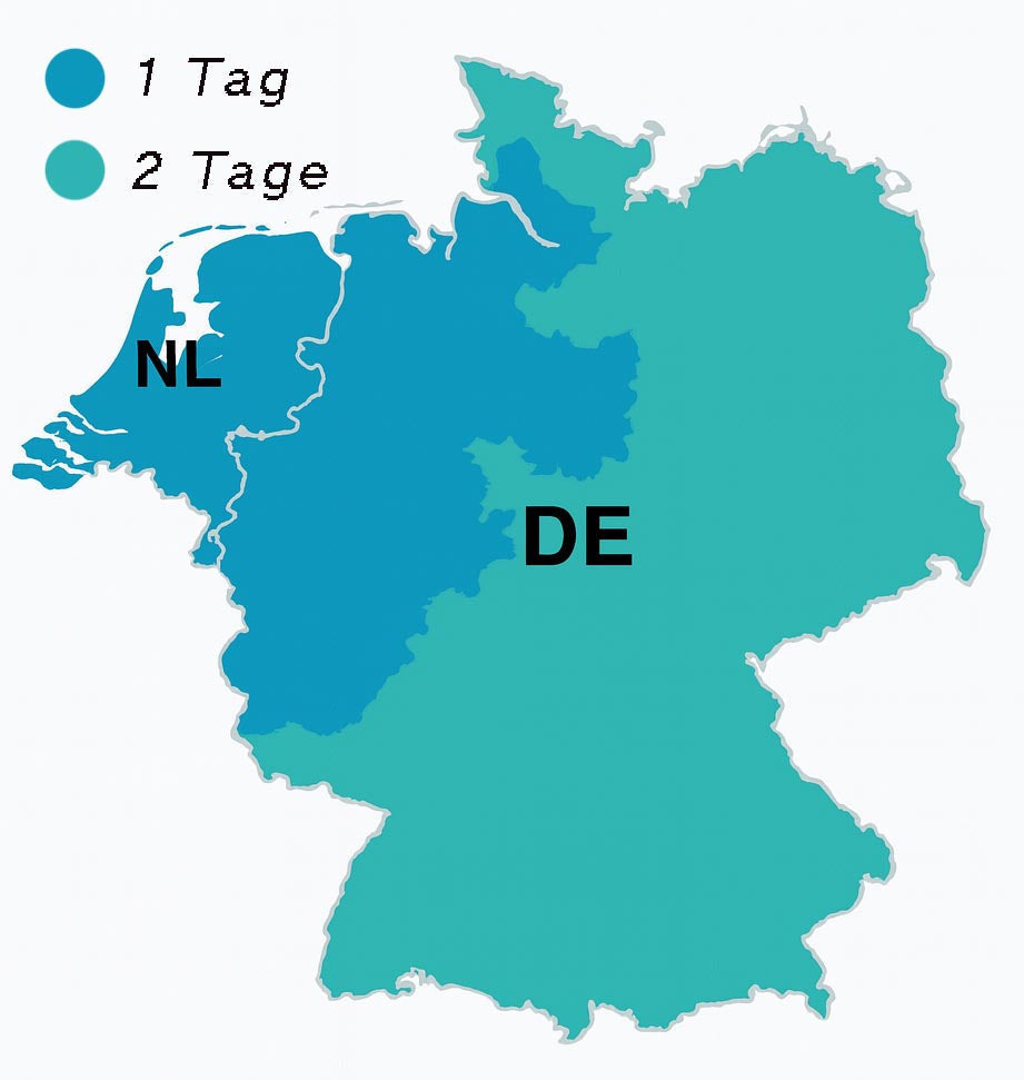 Karte von Deutschland und Niederlande mit Lieferzeiten